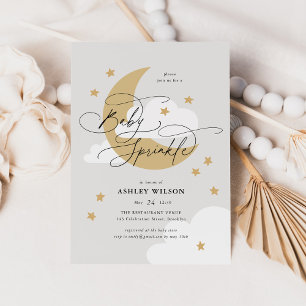 Invitation Lune et étoiles Neutres Élégant Script Baby Spriny