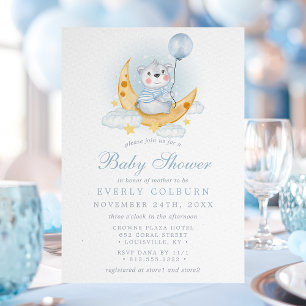 Invitation Lune et Étoiles Ours en Peluche Bleu Fille Garçon