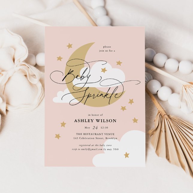 Invitation Lune et étoiles rose Élégant Script Bébé Parsemer (Créateur téléchargé)