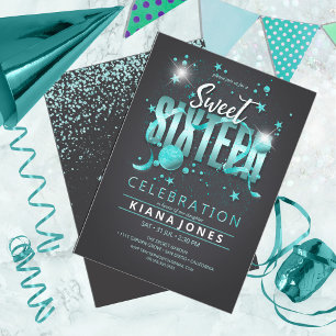 Invitation Lune et étoiles Sweet 16 Turquoise/noir ID788