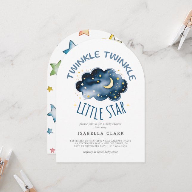 Invitation Lune et étoiles Twinkle Twinkle Little Star (Devant/Arrière en situation)