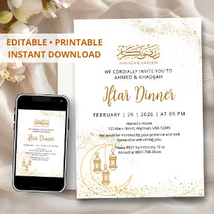 Invitation Lune et Lanterne de Ramadan Iftar à paillettes dor