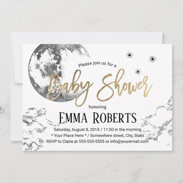 Invitation Lune et Twinkle Twinkle Little Stars Baby shower (Devant)