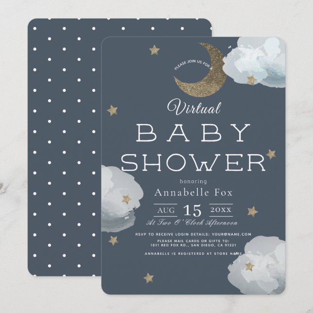 Invitation Lune, étoiles et nuages Marine Baby shower virtuel (Devant / Derrière)