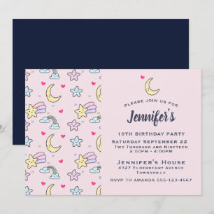 Invitation Lune, étoiles et nuages Motif à l'anniversaire ros