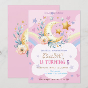 Invitation Lune Fleur arc en ciel étoiles Coeurs Anniversaire