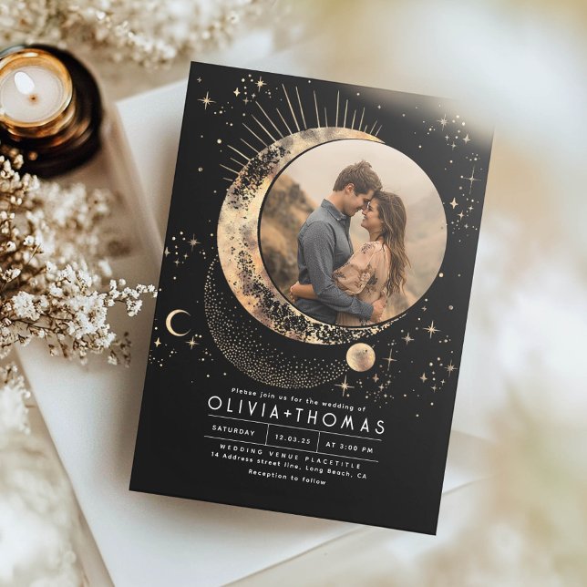 Invitation Lune mystique céleste Starry Mariage de nuit Photo (Celestial Wedding Photo Invitation)