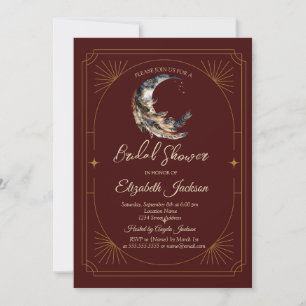 Invitation Lune Plume Étoiles Foncé Rouge Mariage