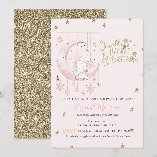 Invitation Lune rose éléphant, Baby shower étoile jumelle (Devant / Derrière)