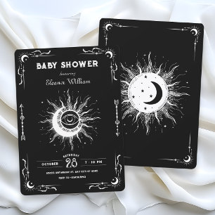 Invitation Lune soleil tarot céleste bébé shower noir blanc