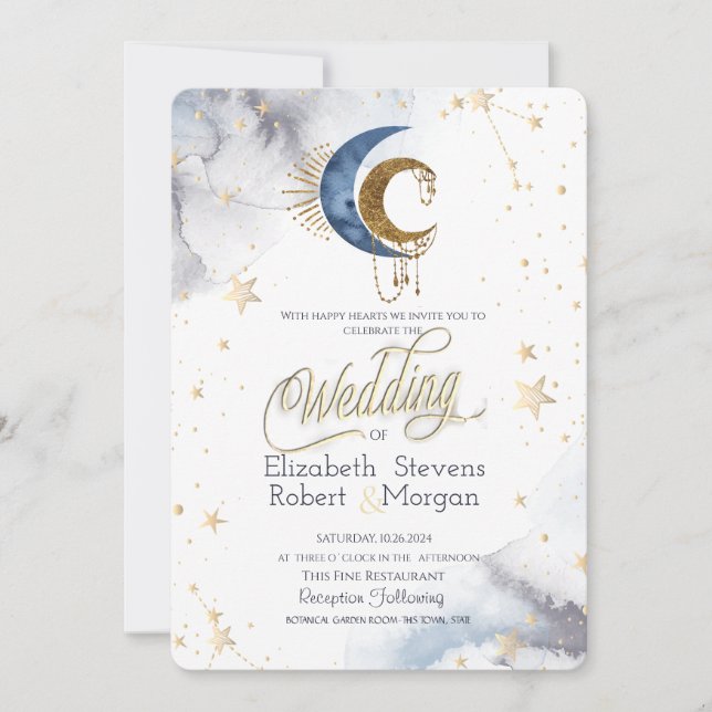 Invitation Lunes célestes, Étoiles Chic Mariage (Devant)