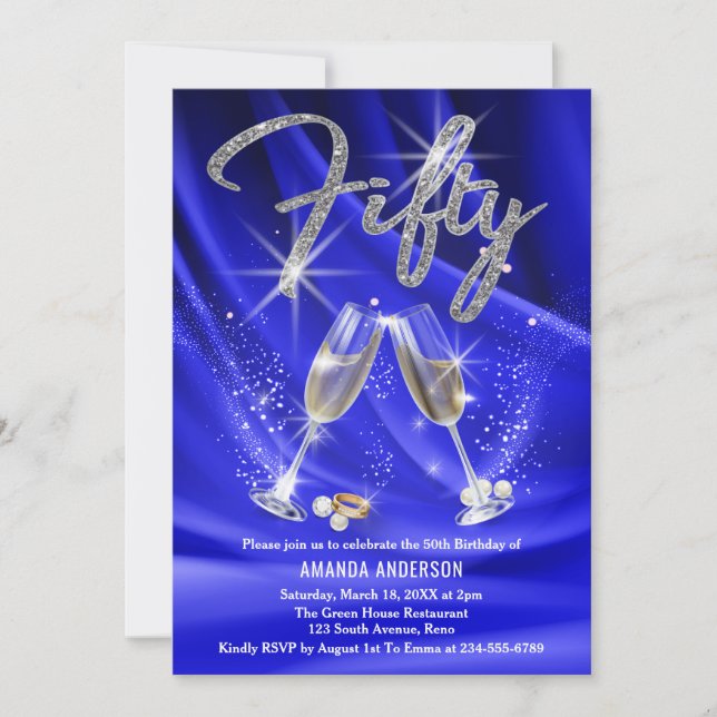 Invitation Lunettes de Champagne Bleu Et Argent 50e Anniversa (Devant)
