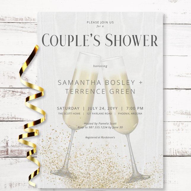 Invitation Lunettes de champagne et Parties scintillant Coupl (Modern Champagne Glasses & Glitter Couple's Shower Invitation)