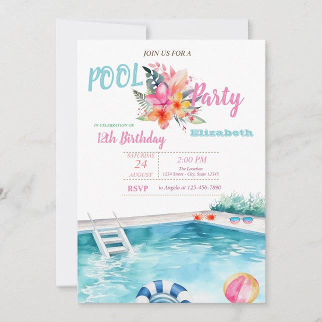 Invitation Lunettes de piscine Fleurs Fête d'anniversaire (Devant)