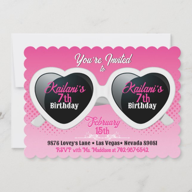 Invitation Lunettes de soleil au coeur blanc rose Anniversair (Devant)