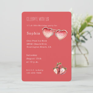 Invitation Lunettes de soleil cœur couleur fraise rouge anniv