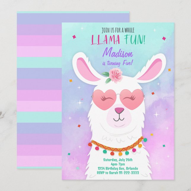 Invitation Lunettes de soleil Llama Anniversaire de enfant In (Devant / Derrière)