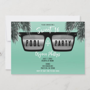Invitation Lunettes de soleil Noir & Argent Teal Sweet 16 Fêt