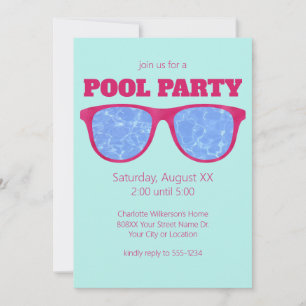 Invitation Lunettes de soleil rose vif Pool Party sur turquoi