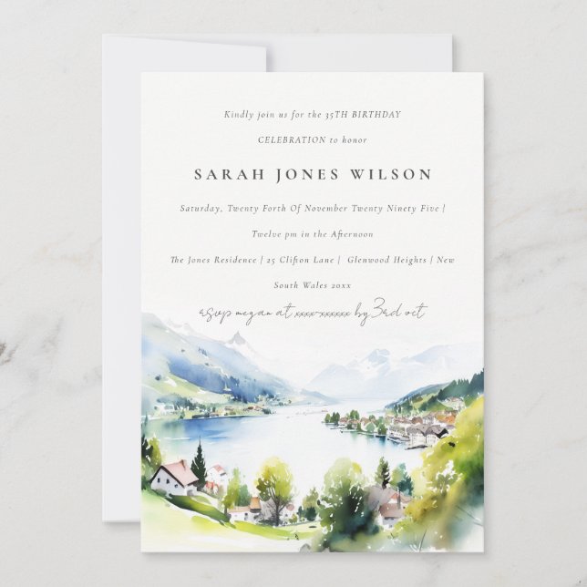 Invitation Lungern Switzerland Landscape Watercolor Birthday (Devant)