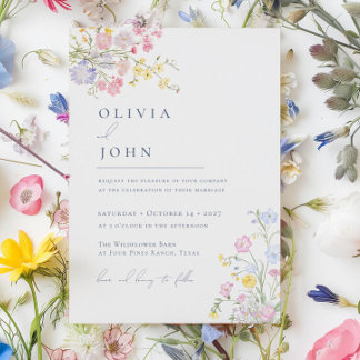 Invitation Lush Elegant Wildflowers Dusty Blue Wedding