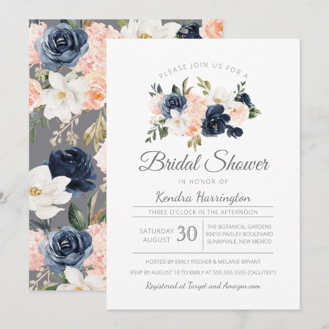 Invitation Lush Magnolia Floral Navy Fête des mariées bleu ro (Devant / Derrière)