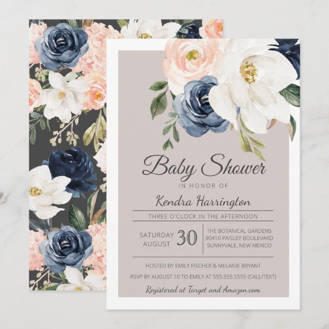 Invitation Lush Magnolia Rose Grey Navy & Blush Baby shower (Devant / Derrière)