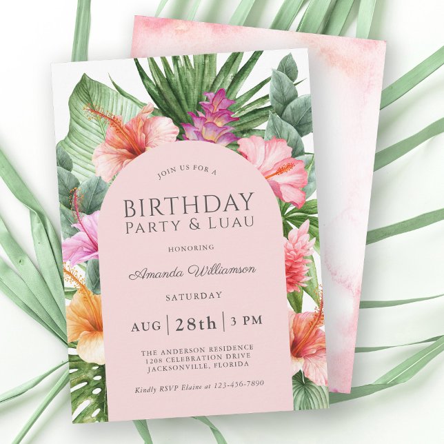 Invitation Lush Tropical Floral fête d'anniversaire et Luau (The perfect invitation for a birthday party luau around the pool.)