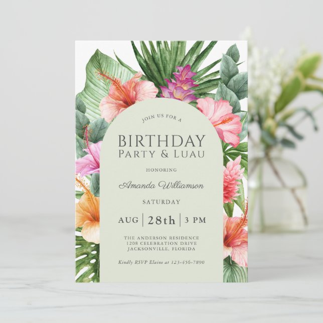 Invitation Lush Tropical Floral fête d'anniversaire et Luau (Debout devant)