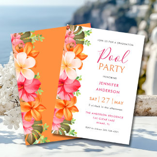 Invitation Lush Tropical Floral Graduation Pool Party Pink