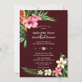 Invitation Lush Tropical Garden Flowers Deep Burgundy Wedding
