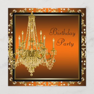 Invitation Lustre Damassé Or Noir Orange pour Fête d'Annivers