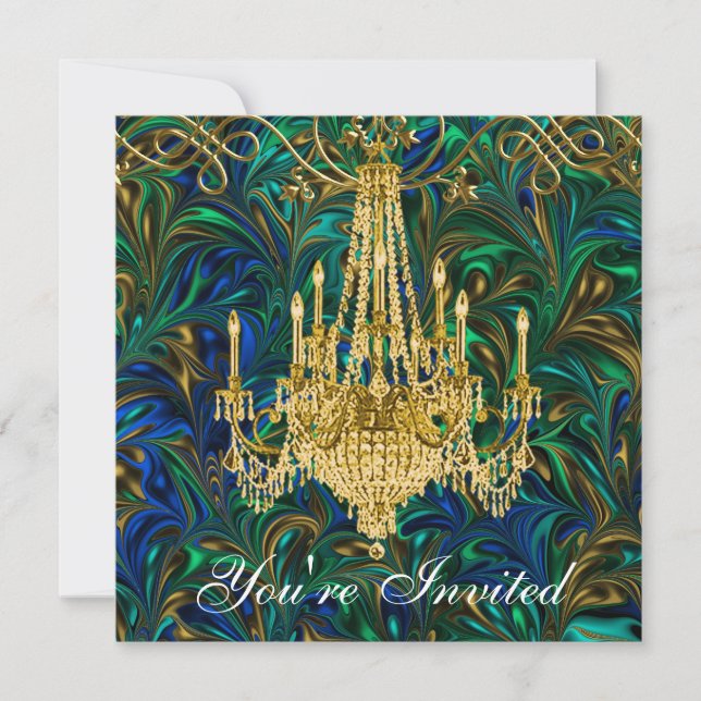 Invitation Lustre de fête vert émeraude, bleu royal et or (Devant)