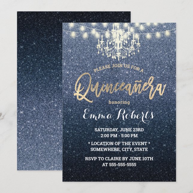 Invitation Lustre de Parties scintillant bleu Quinceanera Mod (Devant / Derrière)