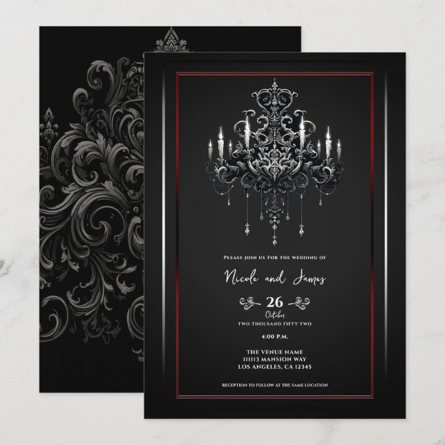 Invitation Lustre Éffrayant noir gris Mariage gothique (Devant / Derrière)