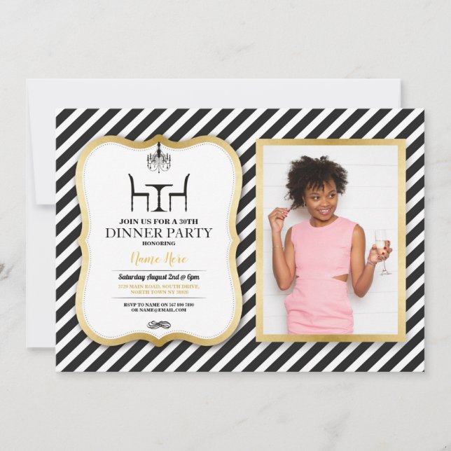 Invitation Lustre élégant d'or de dîner d'anniversaire (Devant)