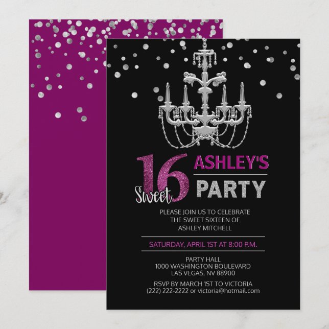 Invitation Lustre en argent violet SWEET SIXTEEN 16 Partie (Devant / Derrière)