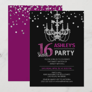 Invitation Lustre en argent violet SWEET SIXTEEN 16 Partie