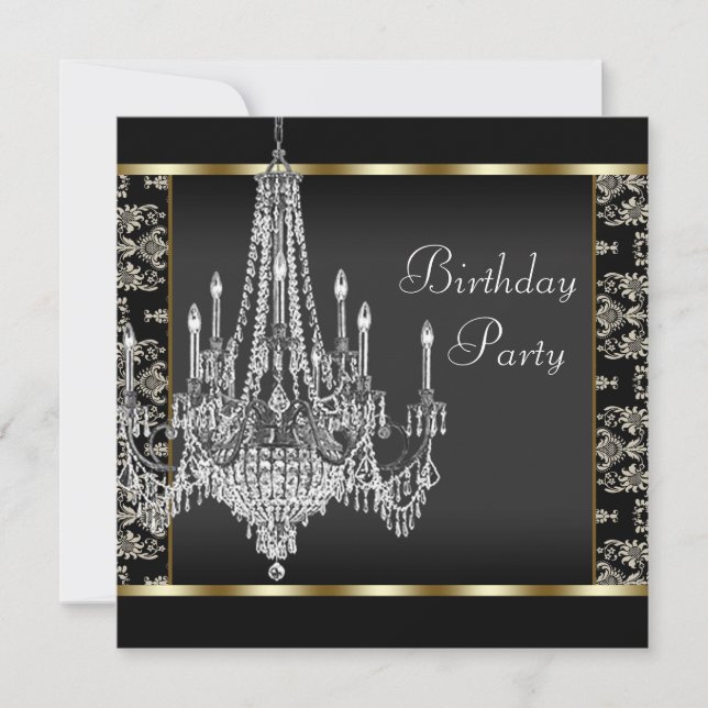 Invitation Lustre en cristal Damask noir Fête d'anniversaire (Devant)
