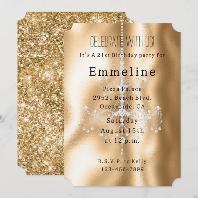 Invitation Lustre en diamants glam Gold Glitzy (Devant / Derrière)