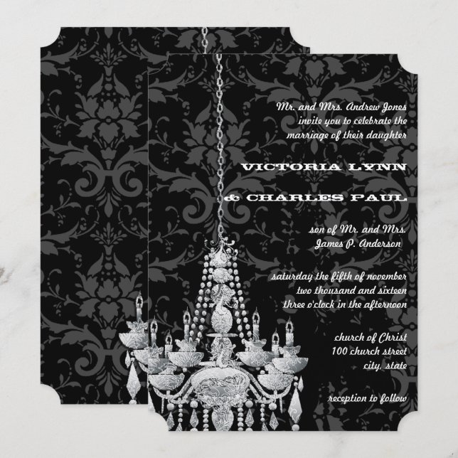 Invitation Lustres gris et argent Mariage damassé victorienne (Devant / Derrière)