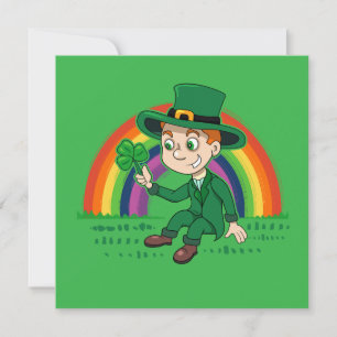 Invitation Lutin de dessin animé mignon avec trèfle et arc-en
