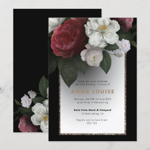 Invitation Lux Black Gold Rouge Rose Blanc Floral Anniversair