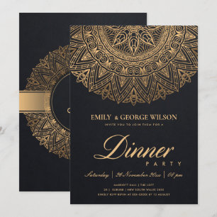 INVITATION LUX BLACK OR CLASSIQUE ORNATE MANDALA DÎNER PARTIE