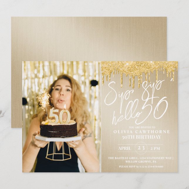 Invitation Lux Gold Parties scintillant 50ème photo Anniversa (Devant / Derrière)