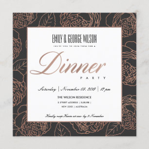 INVITATION LUX ROSE PÂLE OR ROSE FLORAL DINER SOIRÉE NOIR