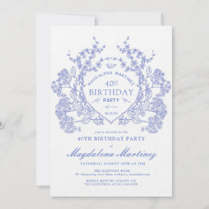 Invitation LUXE 40e anniversaire Vintage Blue Floral Crest