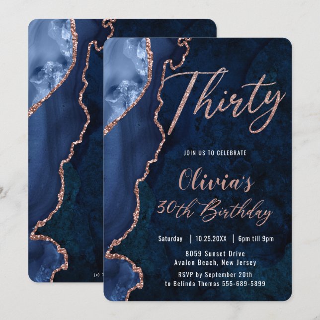 Invitation Luxe Agate Sapphire Blue Rose Gold 30e anniversair (Devant / Derrière)
