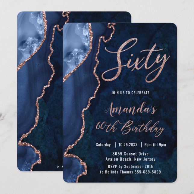 Invitation Luxe Agate Sapphire Blue Rose Gold 60e anniversair (Devant / Derrière)
