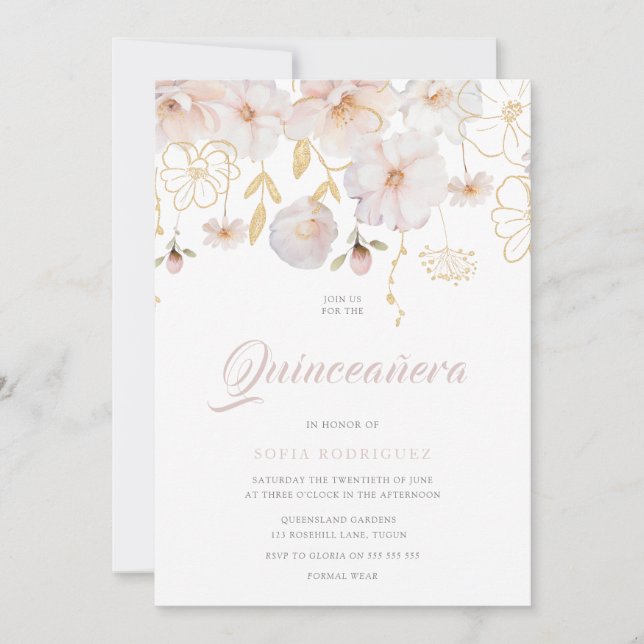 Invitation Luxe Aquarelle Fleur sauvage Blush Quinceanera (Devant)